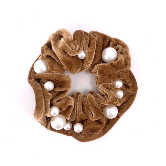 Set of 2 Velour Velvet Pearl Beaded Scrunchies - Picture 3 of 5